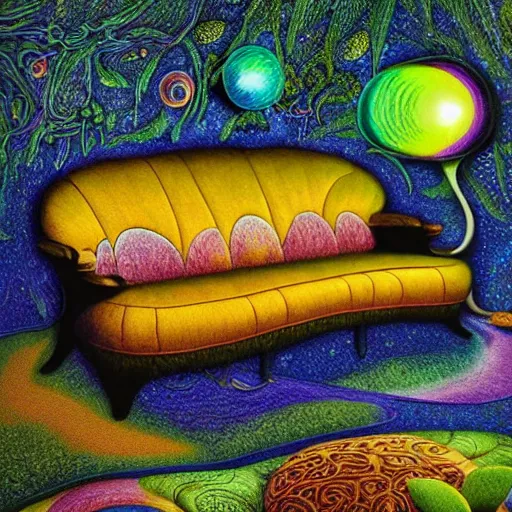 Image similar to psychedelic couch sofa in the lush forest, milky way, designed by moebius, rob gonsalves, gustav dore, giuseppe arcimboldo and carl barks, louis wain, trending on artstation, mediterranean, star, sharp focus, colorful refracted sparkles and lines, soft light, 8 k 4 k