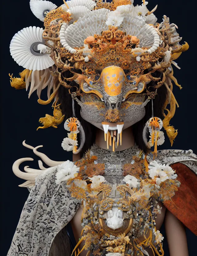 Image similar to 3 d goddess close - up 3 / 4 portrait with ram skull. beautiful intricately detailed japanese crow kitsune mask and clasical japanese kimono. betta fish, jellyfish phoenix, bio luminescent, plasma, ice, water, wind, creature, artwork by tooth wu and wlop and beeple and greg rutkowski