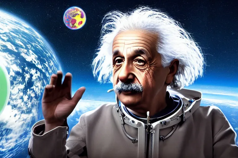 Image similar to still photo of sad albert einstein in spacesuit, giant flat earth on turtles at background, highly detailed, photorealistic shot, bright studio setting, studio lighting, crisp quality and light reflections, unreal engine 5 quality render
