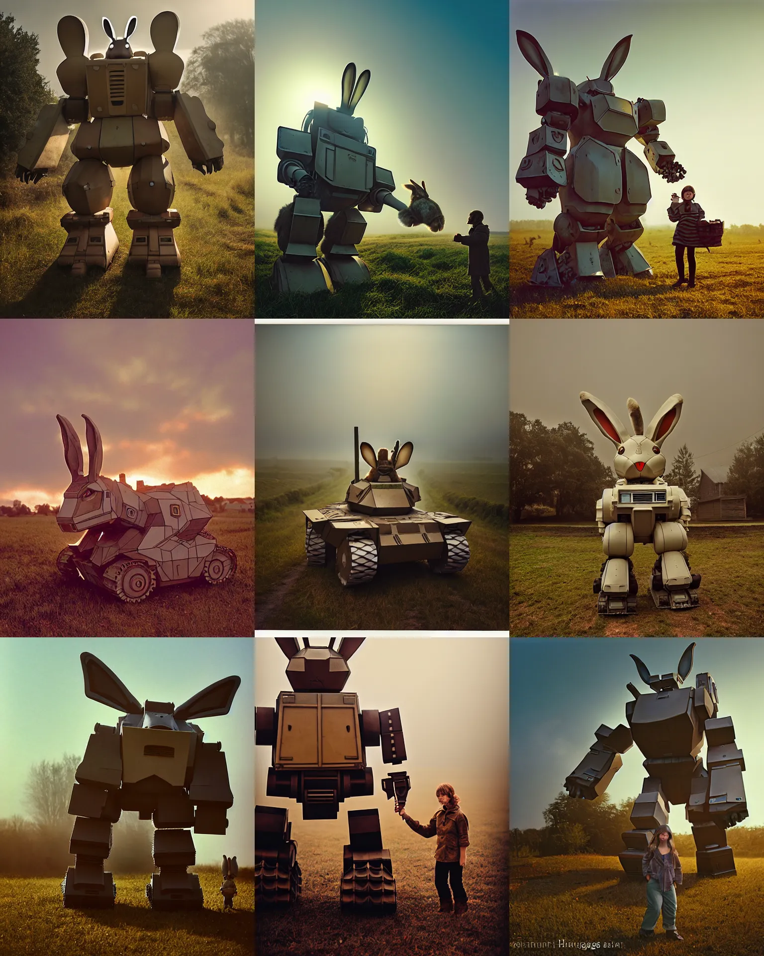 Prompt: giant oversized chubby battle armored rabbit robot mech, with big rabbit ears ,on a backlight rural village , Cinematic focus, Polaroid photo, vintage, neutral colors, soft lights, foggy, panorama by Steve Hanks, by Serov Valentin, by lisa yuskavage, by Andrei Tarkovsky