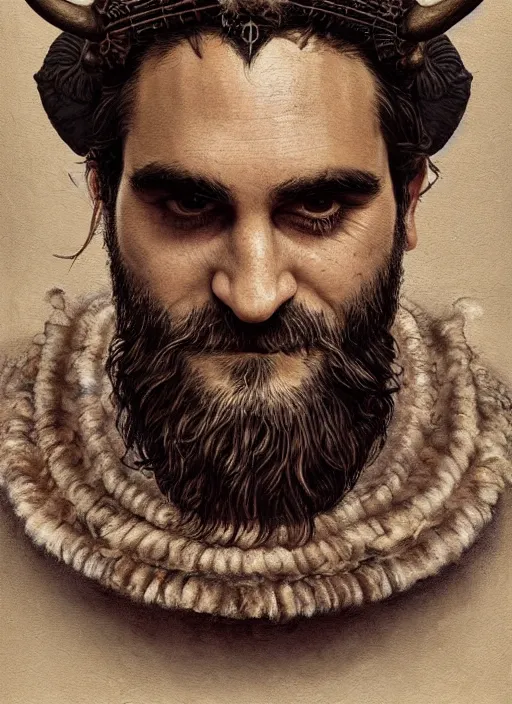 Image similar to a hyper detailed painting of joaquin phoenix with a viking crown, cow horns, pig nose, sheep wool, chicken feather armor, horror, by anna podedworna, by miklos ligeti, by diego maricato, by taran fiddler, by antonino truisi, by chris reddie, by jinsung lim, trending on artstation