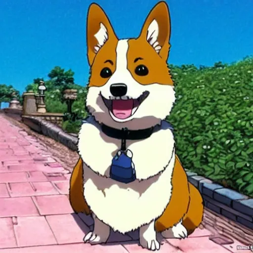 Image similar to the most adorable corgi, smiling, happy, cute, scene from an anime by studio ghibli, hayao miyazaki, spirited away