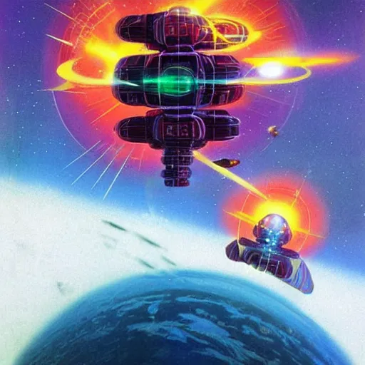 Image similar to eldritch, futuresynth by chris foss jaunty. a beautiful digital art of a space battle with wild, bright colors.