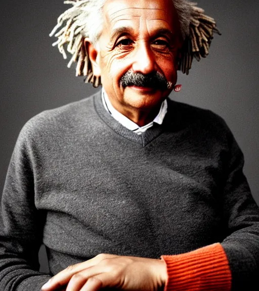 Image similar to high quality colored portrait of albert einstein, professional lighting, high detail, dslr, 8 k