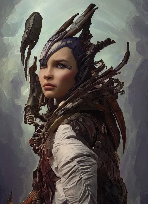 Image similar to asymmetrical!! portrait of an alien with large tubes in face in the style of, machine face, intricate, elegant, highly detailed, digital painting, artstation, concept art, smooth, sharp focus, illustration, art by artgerm and greg rutkowski and alphonse mucha, horizon zero dawn 8 k