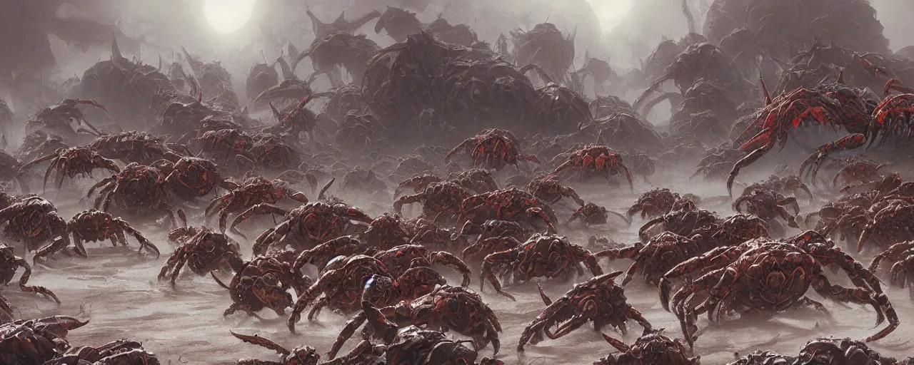 Image similar to a humongous herd of giant monstrous crabs running abound on barren desert exoplanet by James Gurney, Beksinski and Alex Gray, every crab is a menacing sentient chaotic xenos from warhammer 40k hd illustration, diabolic wh40k crab xenos scourge running abound
