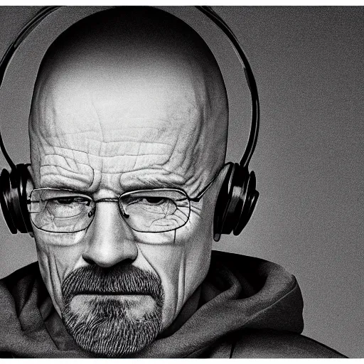 Prompt: close up, cropped award winning photo of walter white wearing pink headphones and shouting, incredibly detailed, sharp focus, hyper realistic