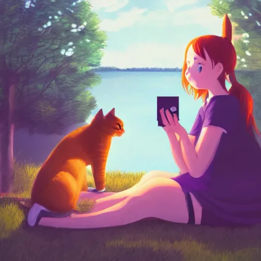 Prompt: girl sitting by the lake with her cat, sunshine, studio ghibli, trending on artstation