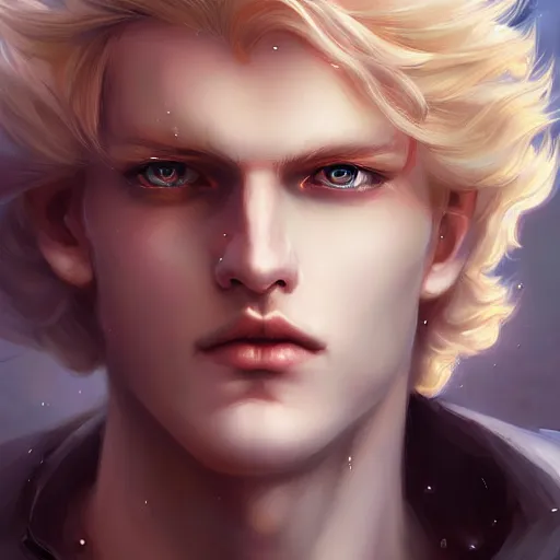 Prompt: digital art of a pale menacing male Cyborg Angel of Battle with fluffy blond curls of hair and piercing eyes, johan liebert mixed with Dante, central composition, he commands the fiery power of resonance and wrath, very very long blond curly hair with bangs, baroque curls, by rossdraws and WLOP, Artstation, CGsociety
