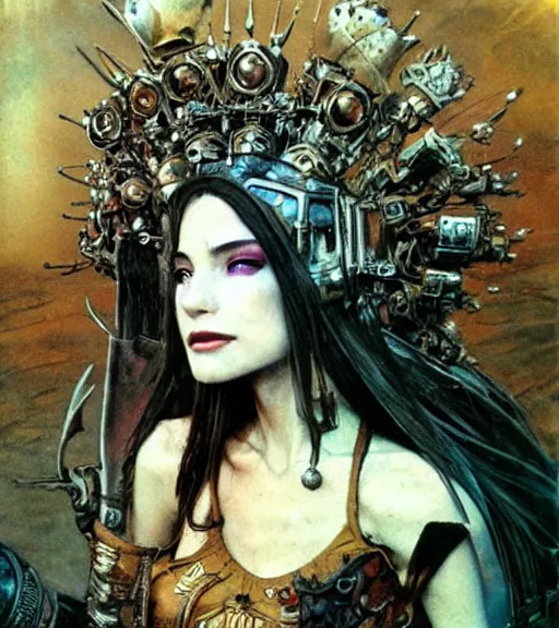 Image similar to empress of the wasteland, scrap metal headdress, beautiful! coherent! by brian froud, by frank frazetta