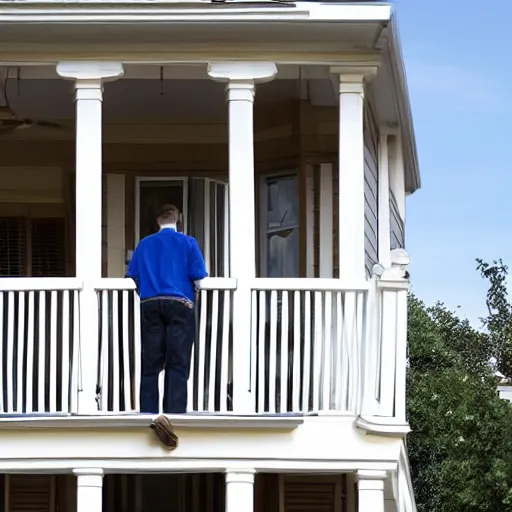 Prompt: A giant man kneeling in front of a house to talk to a regular sized man who is standing on the second floor balcony