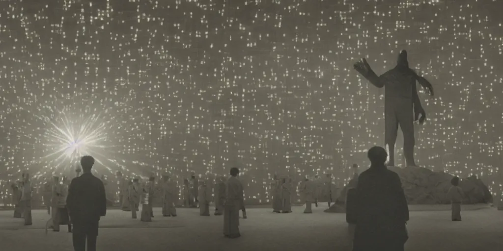 Image similar to light coming out of one starfish - like kaiju anthropomorphic monster, korean film noir, korean traditional palace, kim jong - il standing, pyongyang city, 1 9 6 0 s, red color bleed, 4 k, video compression, video glitch, monochrome, akira kurosawa, mamoru oshii, wes anderson, stanley kubrick