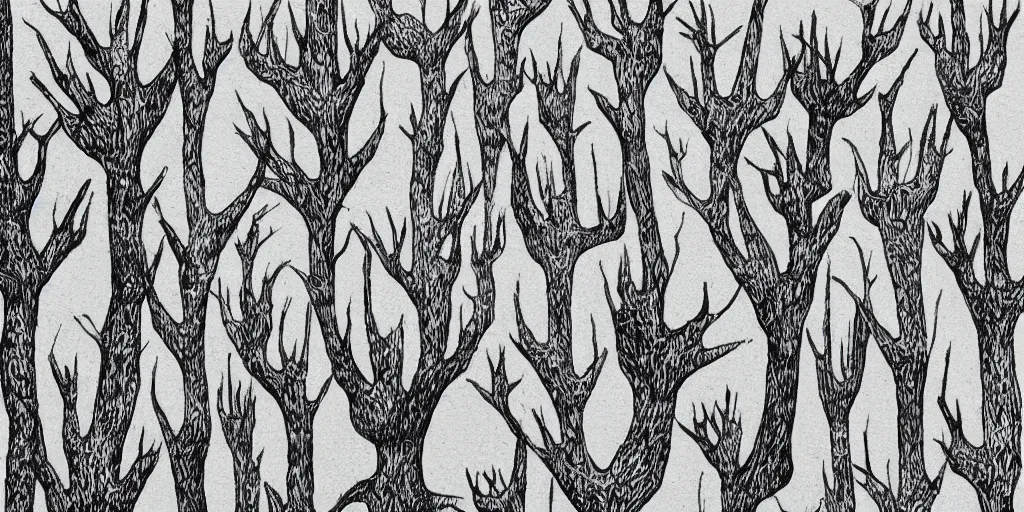 Image similar to hands stretched to form trees, grayscale, stippling