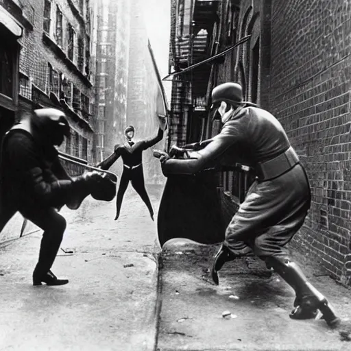 Prompt: old black and white photo, 1 9 2 5, depicting batman fighting a gangster in an alley of new york city, tommy gun, rule of thirds, historical record