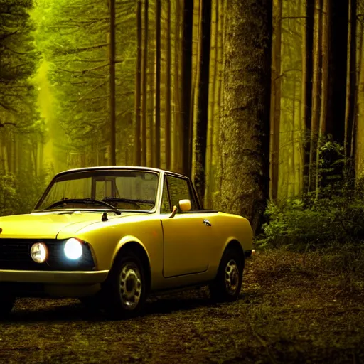 Image similar to fiat 1 2 4 in the dark forest, night, headlights on