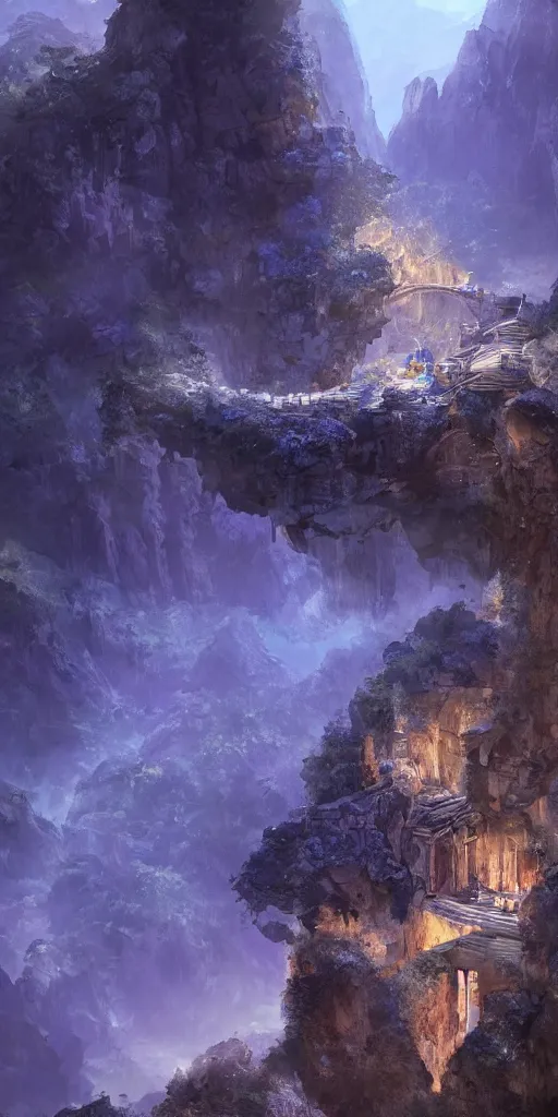 Image similar to Gorge in the mountain, white stone temple ruins, night dramatic lighting, blue and purple tones, wide camera angle, matte painting, trending on ArtStation, concept art, delightful surroundings, high detail