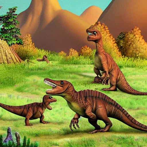 Image similar to dinosaurs with feathers, in a green valley