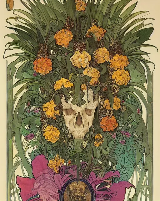 Image similar to Poster of a tiger skull with pineapple leaves growing out of the top art surrounded by varities of flowers, cell shading, by Alphonse Mucha, Moebius, hiroshi yoshida, Art Nouveau, colorful, ultradetailed, vivid colour, 3d