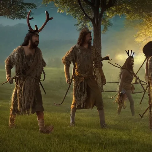 Prompt: line of hippie tribal hobos wearing twigs and leaves, riding tiny scruffy goat with novelty oversized antlers, sunrise, grassy hills, highly detailed, dramatic lighting, night time, cinematic, hyperrealistic, detailed, movie still from game of thrones