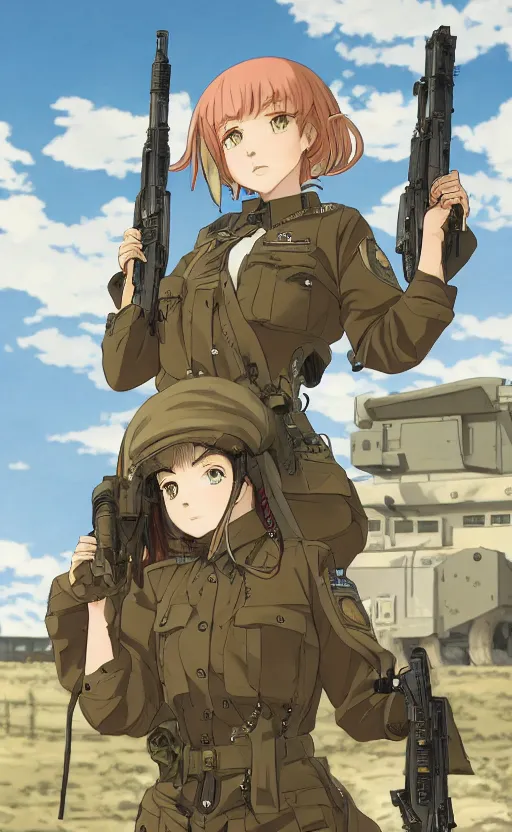 Prompt: portrait of a female soldier, highly detailed, high resolution, military camp in the background, full color manga visual style, illustration, stunning, girls frontline style, bokeh soft, matte, 100mm, by professional photographer, hayao miyazaki, ilya kuvshinov, alphonse mucha, studio mappa, realistic human anatomy, realistic military carrier, modern warfare, realistic weapon, shot with a arriflex 35 ii, low saturation, small eyes