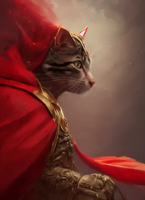 Prompt: side profile of a cat king wearing a crown and red cape, fantasy, digital painting, volumetric light, intricate, sharp, focus, bloom, illustration, highly detailed, concept art, matte, ruan jia, randy vargas, greg rutkowski