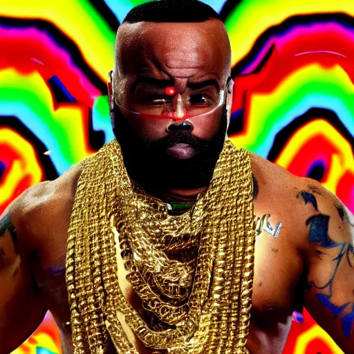 Image similar to a high resolution photograph of joe rogan as mr. t wearing many gold chains with a psychedelic dmt background