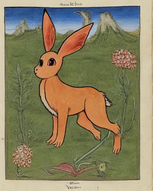 Image similar to a manuscript painting of Eevee in the style of the Rochester Bestiary, Ashmole Bestiary