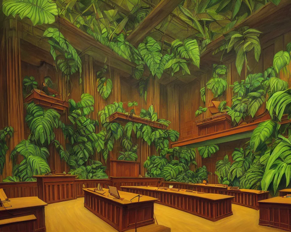 Prompt: a courtroom in the rainforest by hopper. hyperdetailed, proportional, romantic, enchanting, achingly beautiful, graphic print, trending on artstation, jungle, tropical, foliage