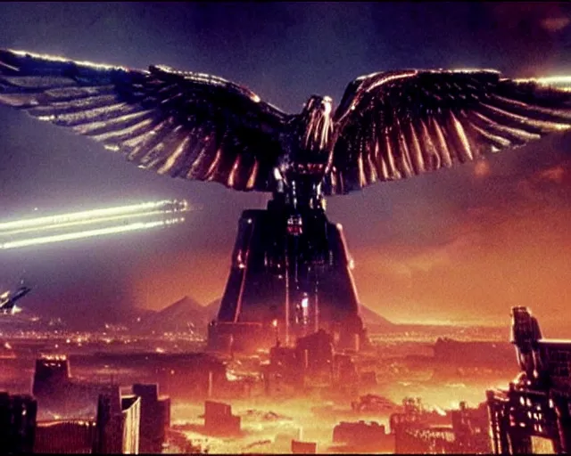 Prompt: a movie still of a gigantic egyptian god fighting a huge eagle in blade runner los angeles, by marvel movies and ilm