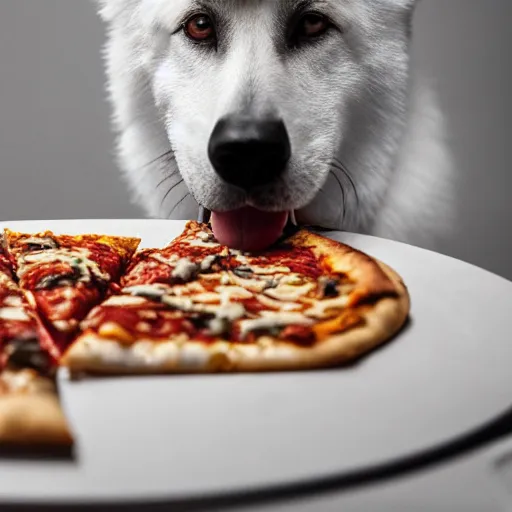 Image similar to detailed photo of a white german shepherd eating pizza, various posed, full body, studio light, 8 k, photorealism, intricate detail, diffuse lighting