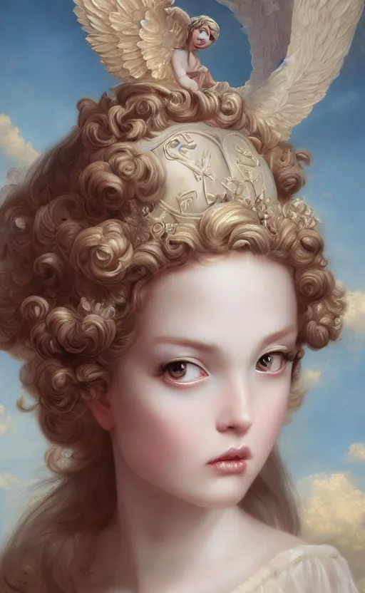 Image similar to pop surrealism, rococo, baroque hair, angelic young female seductive - fine - face, pretty face, key visual, realistic shaded perfect face, fine details by stanley artgerm lau, wlop, mark ryden, andrei riabovitchev, marc simonetti, and sakimichan, trending on artstation