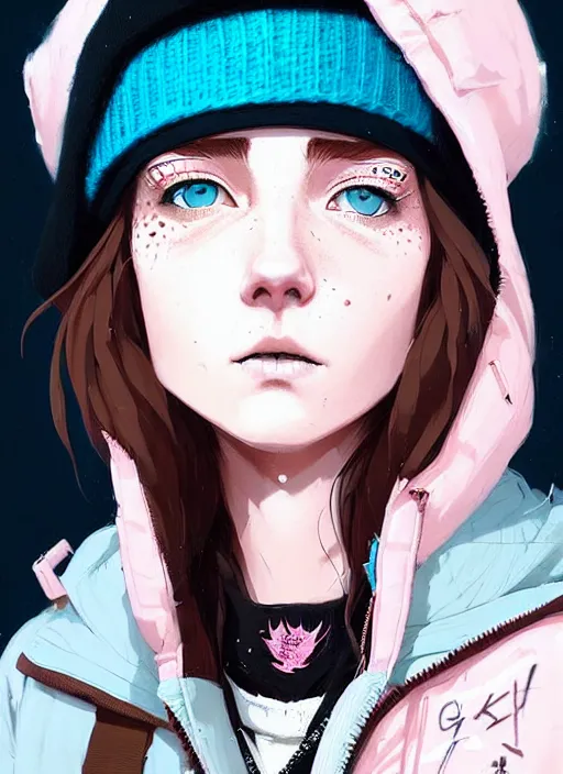 Image similar to highly detailed portrait of a street punk lady student, blue eyes, parka jacket, beanie hat, white hair by atey ghailan, by greg rutkowski, by greg tocchini, by james gilleard, by joe fenton, by kaethe butcher, gradient pink, black, brown and light blue color scheme, grunge aesthetic!!! ( ( graffiti tag wall background ) )