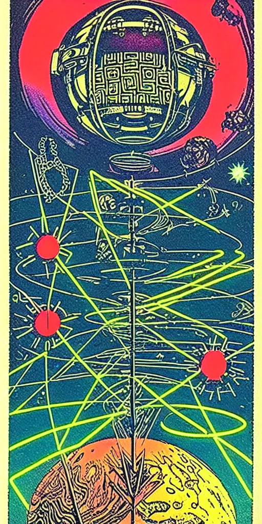 Prompt: 1968 science fiction tarot card, cut out collage, neon Aztec, spring on Saturn, epic theater, deep sea, mountain plants, drawings in part by moebius, part by Ernst Haekl, text by William S Boroughs, written by Michael Ende