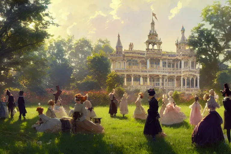 Image similar to an ornate victorian palace, party in front, scene in an open field. 1 8 9 0, key visual, conceptart, ambient lighting, highly detailed, digital painting, artstation, concept art, sharp focus, by makoto shinkai and akihiko yoshida and greg manchess