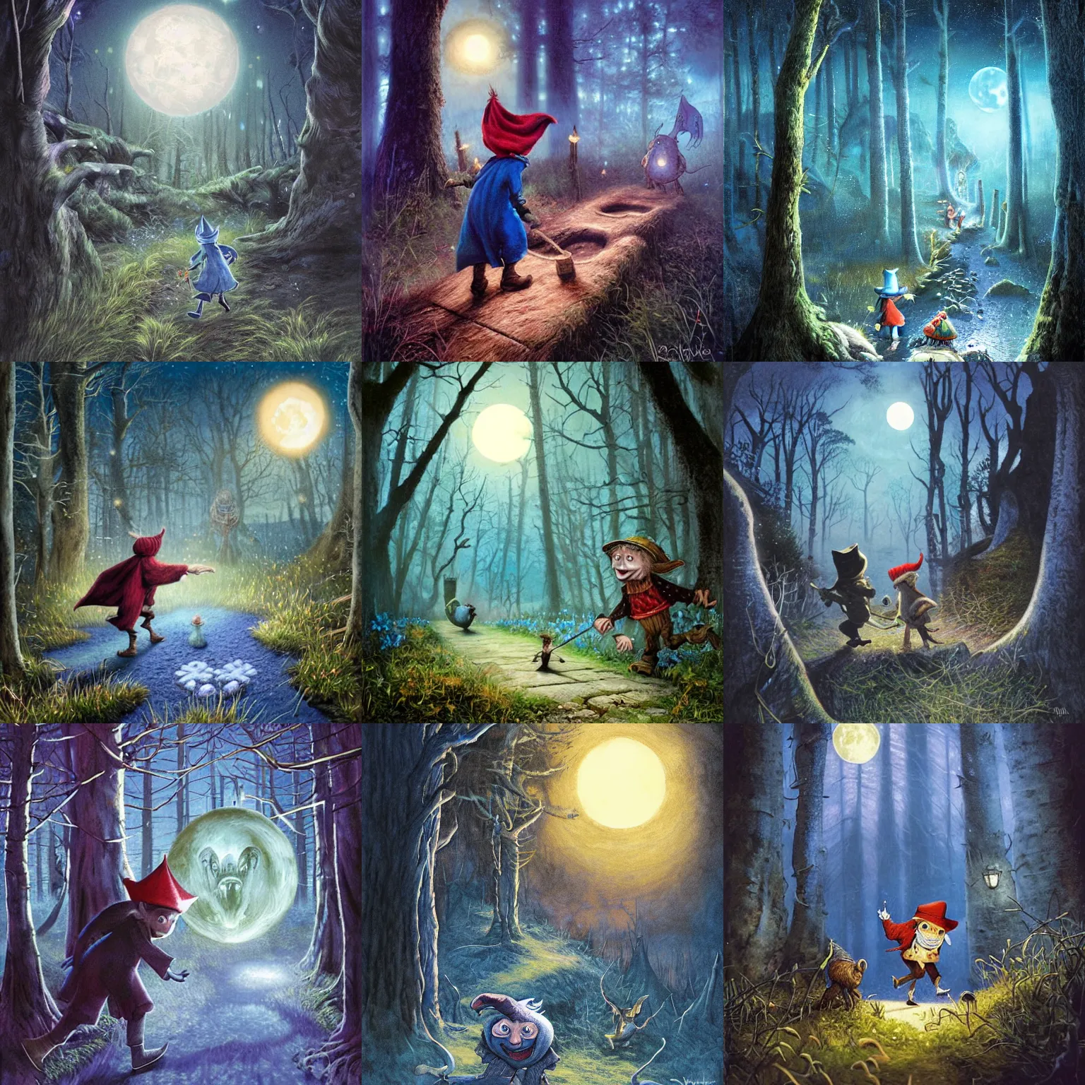 Prompt: Rincewind is running away from a troll in the Forbidden Forest, at night, full moon detailed, hyperrealistic, colorful, blue tones, cinematic lighting, photorealistic, digital art by Paul Kidby, Kate Oleska and Jim Kay
