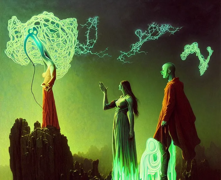 Image similar to the female arcanist and the male artificer by albert bierstadt and gerald brom and zdzisław beksinski and james gilleard, highly detailed, hyperrealistic, intricate, floating metallic objects, energy, electricity, blue flames, low light, glowing green crystals, high contrast