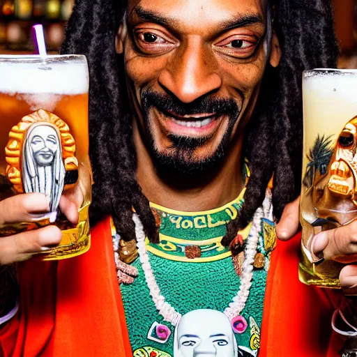 Image similar to a closeup photorealistic photograph of happy snoop dogg at trader vic's bar holding a trader vic's tiki mug that features the face of snoop dogg. brightly lit scene. this 4 k hd image is trending on artstation, featured on behance, well - rendered, extra crisp, features intricate detail, epic composition and the style of unreal engine.