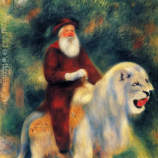 Image similar to old man ( wise long white beard wearing a hooded tunic ) riding on lions back by renoir