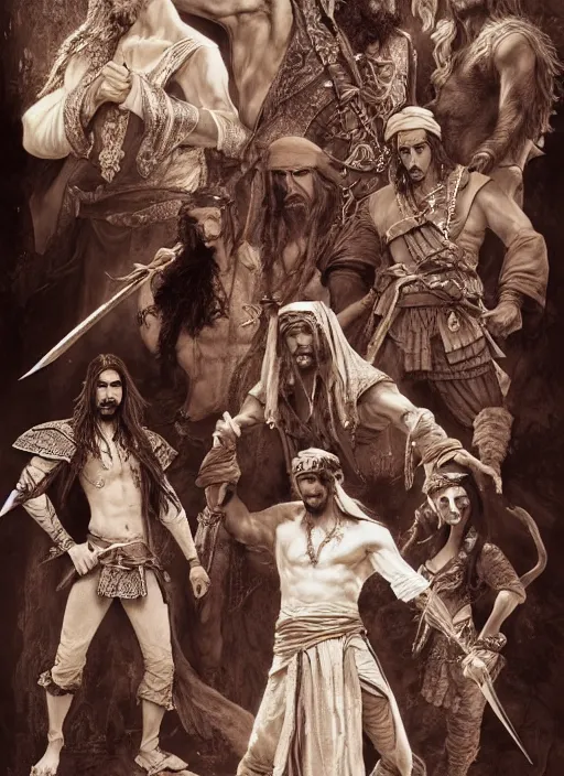 Prompt: detailed pencil spot illustrations of various character concepts from the prince of persia and game of pirates of the caribbean movie, various poses, by burne hogarth, by bridgeman, by anthony ryder, by yoshitaka amano, by ruan jia, by conrad roset, by mucha, cgsociety, artstation.