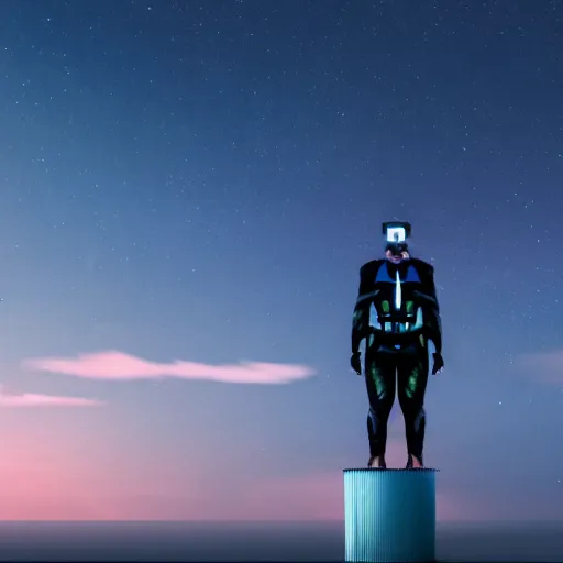 Prompt: A Samoan in futuristic clothing standing on a translucent podium in the middle of a vast field at night.