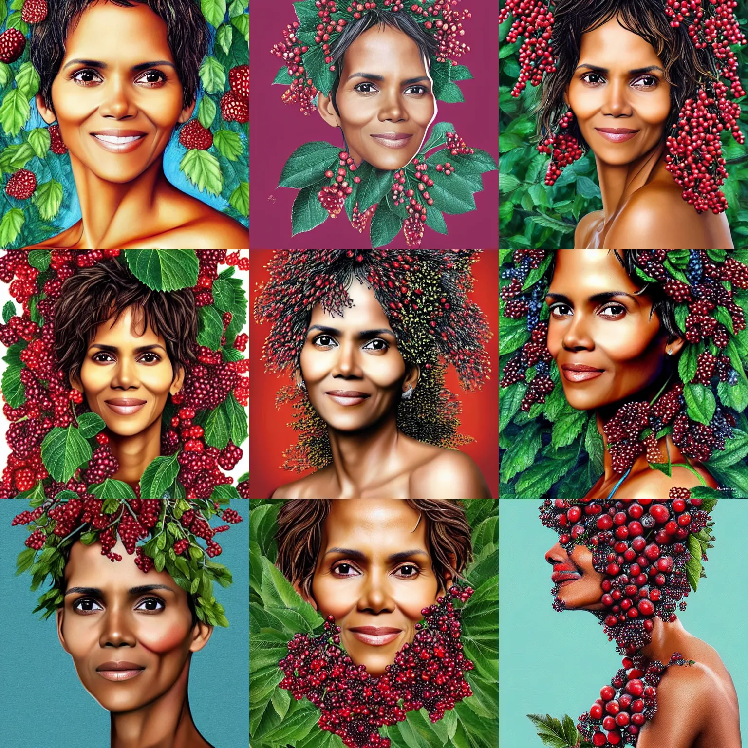 Prompt: halle berry head and face as berries, berries tree in the background, face made of wild berries, digital painting by arcimboldo