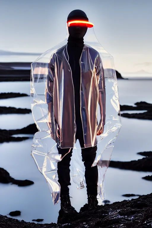 Image similar to an ultra high definition professional high fashion portrait studio full length photograph of a model wearing a transparent pearlescent raincoat and neon visor in an icelandic black rock environment at dawn. no artefacts. extremely detailed. stark. refraction. shallow depth of field. volumetric light and shadow. ray tracing. light rays.