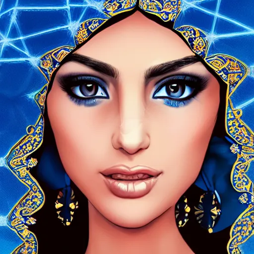 Prompt: beautiful persian woman behind a blue veil, symmetrical, short dress, glowing eyes, intricate details, full body, detailed face, ultradetailed, 8 k, epic atmosphere, digital art by simon cowell and moebius