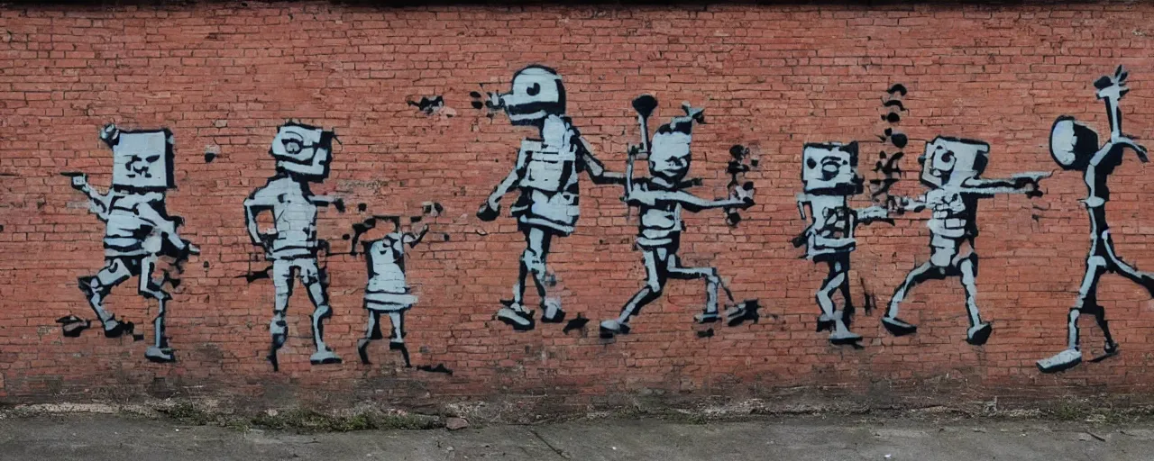 Image similar to a brick wall with banksy style graffity showing march of robots, hyperrealistic, 8k, trending on twitter