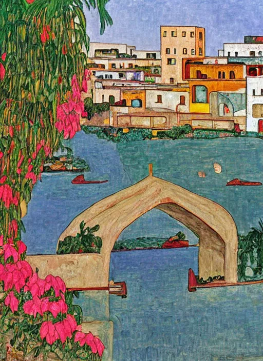 Image similar to ahwaz city in iran with a through arch bridge on local river, 3 boat in river, 2 number house near a lot of palm trees and bougainvillea, hot with shining sun, painting by egon schiele