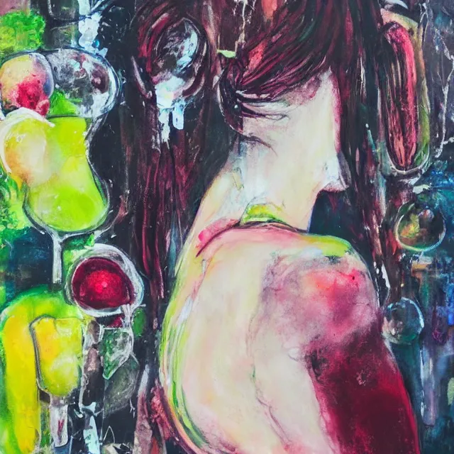 Prompt: “ sensual portrait of a female art student from behind, fresh fruit, berries, plants in scientific glassware, art materials, candle wax, berry juice drips, neo - expressionism, surrealism, acrylic and spray paint and oilstick on canvas ”