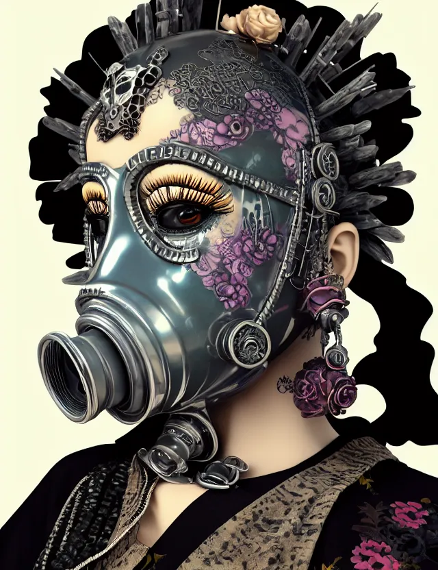 Image similar to 3 d goddess close - up profile punk portrait with vintage gas mask ram skull. beautiful intricately detailed japanese crow kitsune mask and clasical japanese kimono. betta fish, jellyfish phoenix, bio luminescent, plasma, ice, water, wind, creature, artwork by tooth wu and wlop and beeple and greg rutkowski