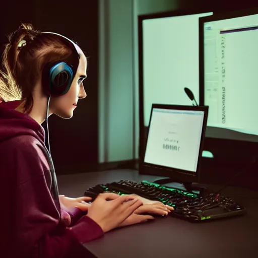 Prompt: model emma watson rgb keyboard wearing a gaming headset wearing hoodie sitting on gaming chair at desk dramatic lighting controller award winning photo