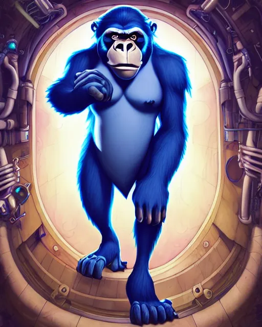 Image similar to don bluth, loish, artgerm, joshua middleton, steampunk, clockpunk anthropomorphic gorilla, full blue suit, smiling, symmetrical eyes symmetrical face, colorful animation forest background