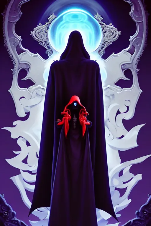 Prompt: video game cover, cartoon grim reaper dressed with a cape, intricate baroque style. by hsiao - ron cheng, by goro fujita, by octavio ocampo, masterpiece. intricate artwork, very coherent symmetrical artwork, cinematic, octane render, smooth gradients, high contrast. full body character, clean ink detailed line drawing